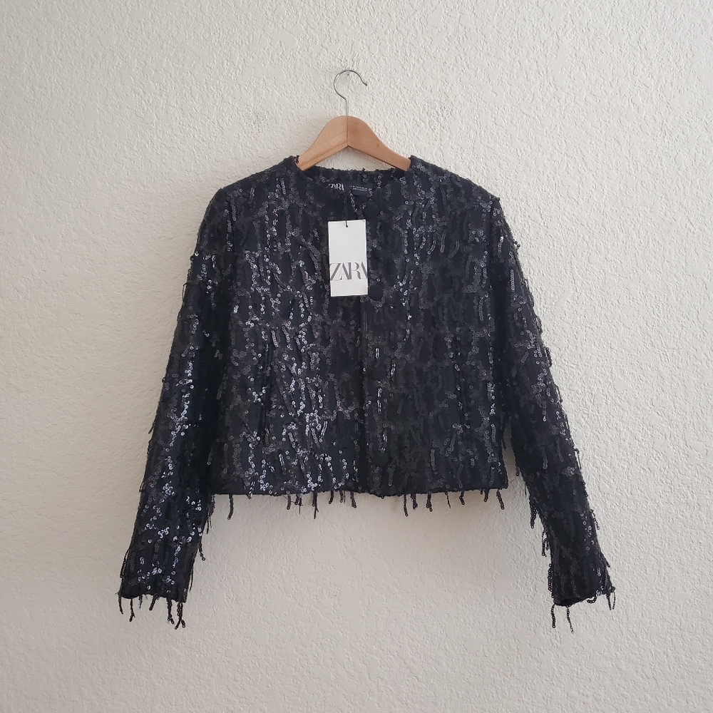 Zara fringe sequin blazer jacket Black Size XS - Picture 10 of 11